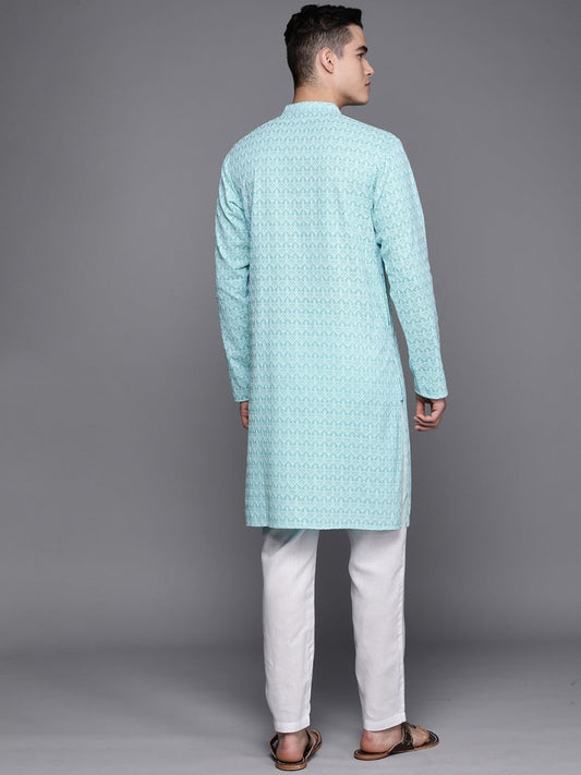 Men Blue Ethnic Motifs Embroidered Chikankari Pure Cotton Kurta with Trousers - Inddus.com