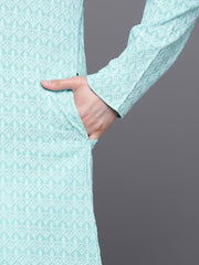 Men Blue Ethnic Motifs Embroidered Chikankari Pure Cotton Kurta with Trousers - Inddus.com