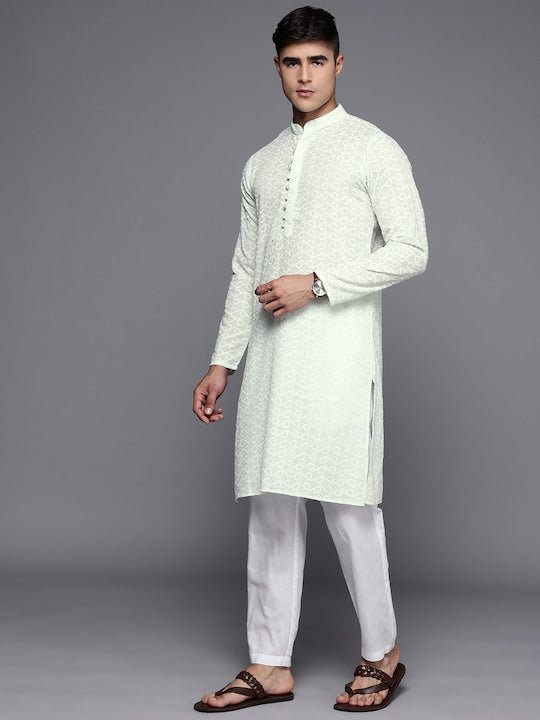 Men Ethnic Motifs Embroidered Regular Chikankari Kurta With Trousers - Inddus.com