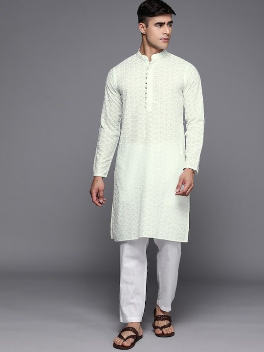 Men Ethnic Motifs Embroidered Regular Chikankari Kurta With Trousers - Inddus.com
