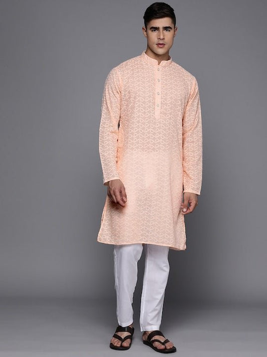Men Ethnic Motifs Embroidered Regular Chikankari Kurta With Trousers - Inddus.com