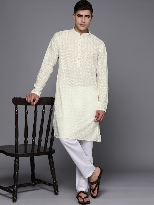 Men Ethnic Motifs Embroidered Regular Chikankari Kurta With Trousers - Inddus.com
