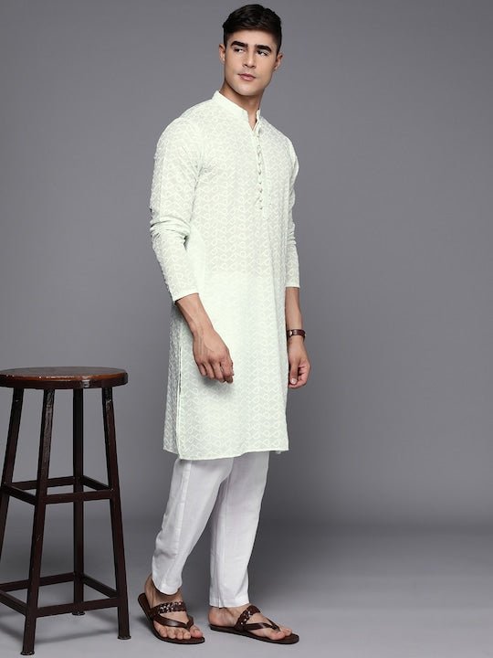 Men Ethnic Motifs Embroidered Regular Chikankari Kurta With Trousers - Inddus.com