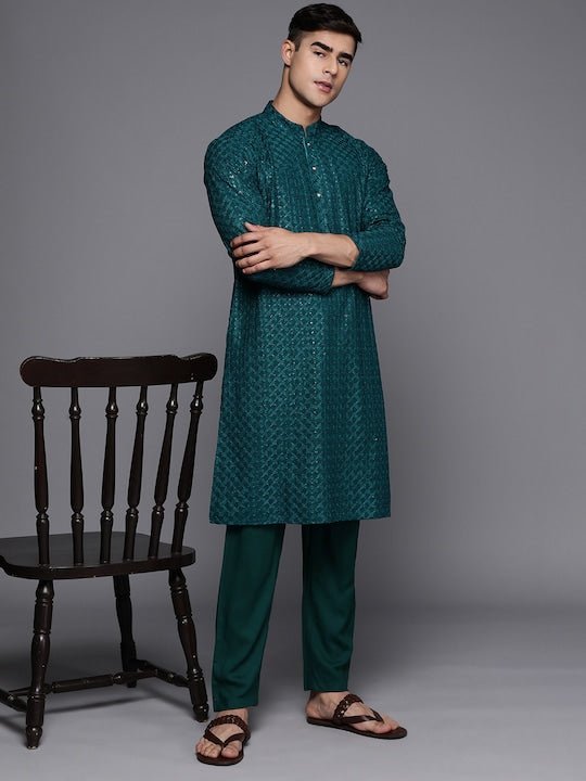 Men Ethnic Motifs Embroidered Regular Sequinned Kurta With Trousers - Inddus.com