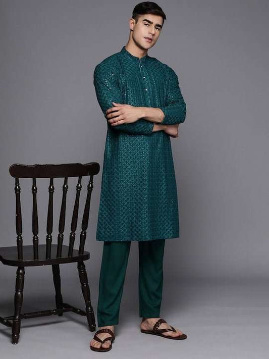 Men Ethnic Motifs Embroidered Regular Sequinned Kurta With Trousers - Inddus.com