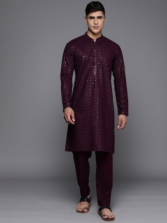 Men Ethnic Motifs Embroidered Regular Sequinned Kurta With Trousers - Inddus.com