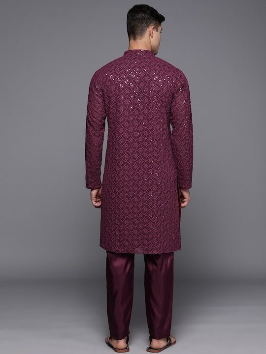Men Ethnic Motifs Embroidered Sequinned Chikankari Kurta with Trousers - Inddus.com