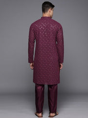 Men Ethnic Motifs Embroidered Sequinned Chikankari Kurta with Trousers - Inddus.com