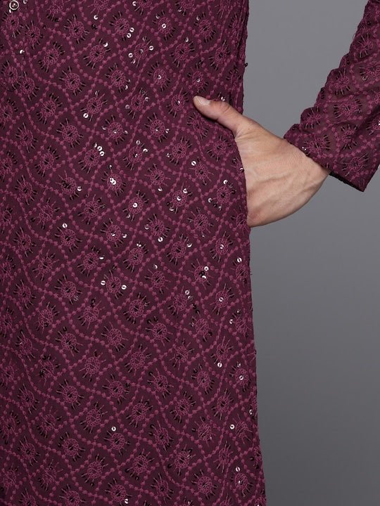 Men Ethnic Motifs Embroidered Sequinned Chikankari Kurta with Trousers - Inddus.com