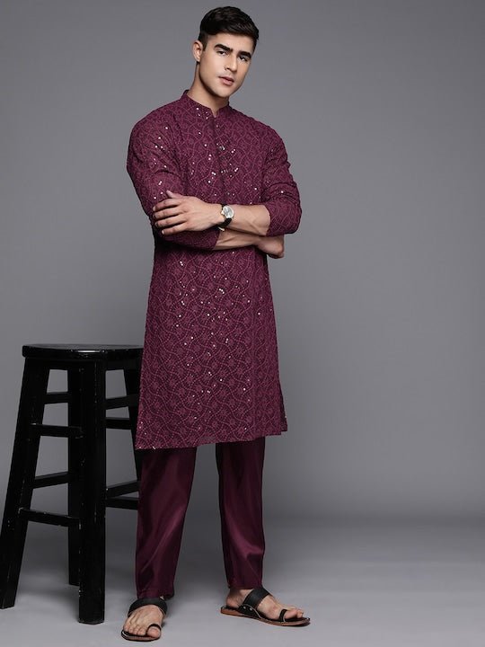 Men Ethnic Motifs Embroidered Sequinned Chikankari Kurta with Trousers - Inddus.com