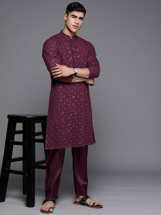Men Ethnic Motifs Embroidered Sequinned Chikankari Kurta with Trousers - Inddus.com