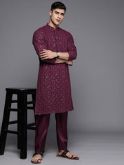 Men Ethnic Motifs Embroidered Sequinned Chikankari Kurta with Trousers - Inddus.com