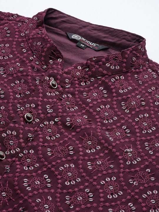 Men Ethnic Motifs Embroidered Sequinned Chikankari Kurta with Trousers - Inddus.com