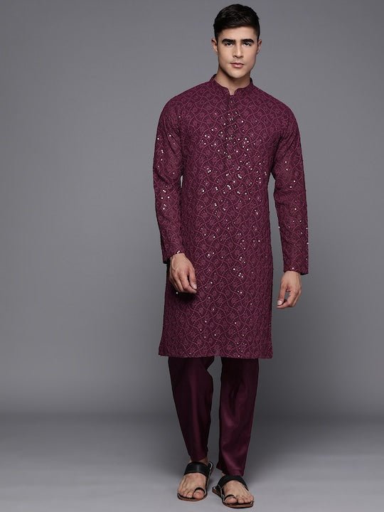 Men Ethnic Motifs Embroidered Sequinned Chikankari Kurta with Trousers - Inddus.com