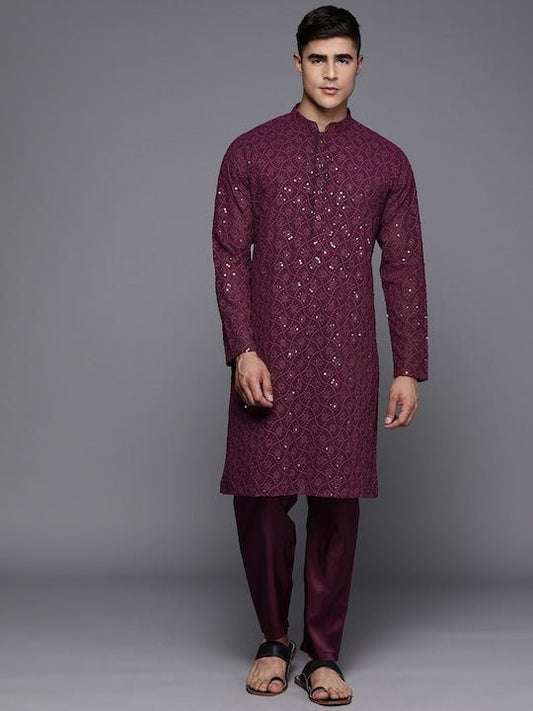 Men Ethnic Motifs Embroidered Sequinned Chikankari Kurta with Trousers - Inddus.com