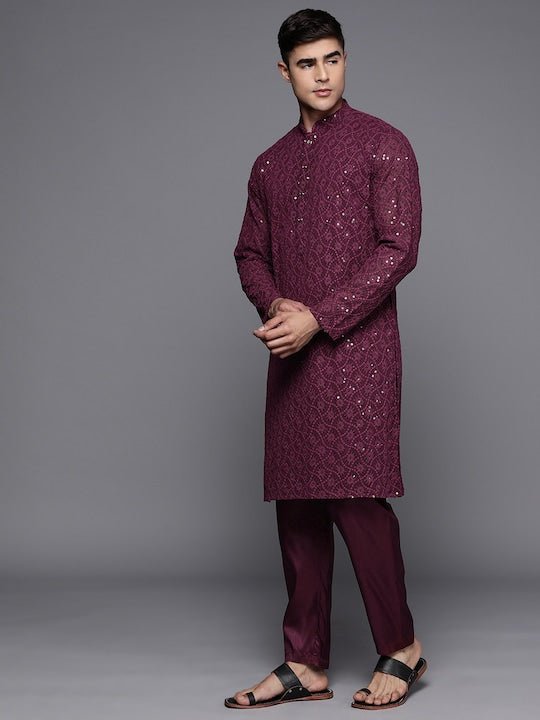 Men Ethnic Motifs Embroidered Sequinned Chikankari Kurta with Trousers - Inddus.com