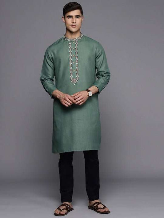 Men Ethnic Motifs Yoke Design Thread Work Kurta - Inddus.com