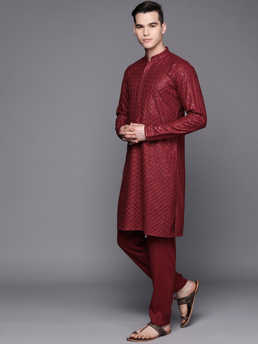 Men Maroon Ethnic Motifs Embroidered Chikankari Kurta with Trousers - Inddus.com
