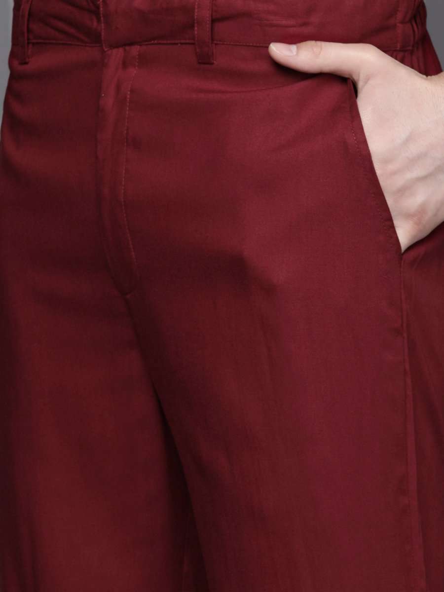 Men Maroon Ethnic Motifs Embroidered Chikankari Kurta with Trousers - Inddus.com