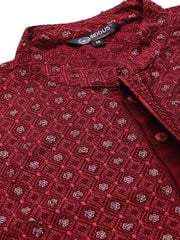 Men Maroon Ethnic Motifs Embroidered Chikankari Kurta with Trousers - Inddus.com