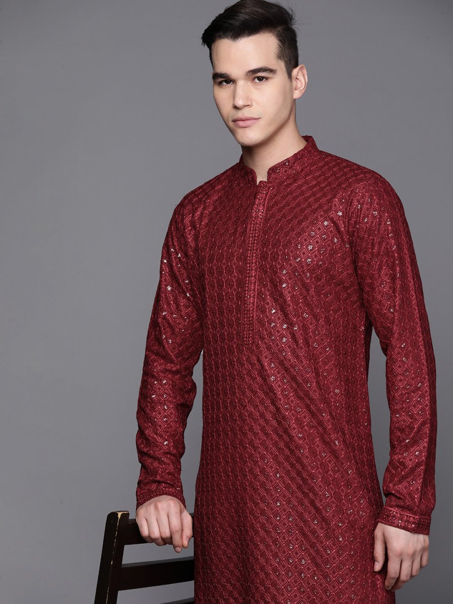 Men Maroon Ethnic Motifs Embroidered Chikankari Kurta with Trousers - Inddus.com