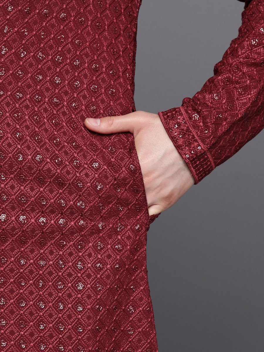 Men Maroon Ethnic Motifs Embroidered Chikankari Kurta with Trousers - Inddus.com