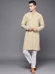 Men Mustard Yellow Ethnic Motifs Embroidered Chikankari Pure Cotton Kurta with Trousers - Inddus.com