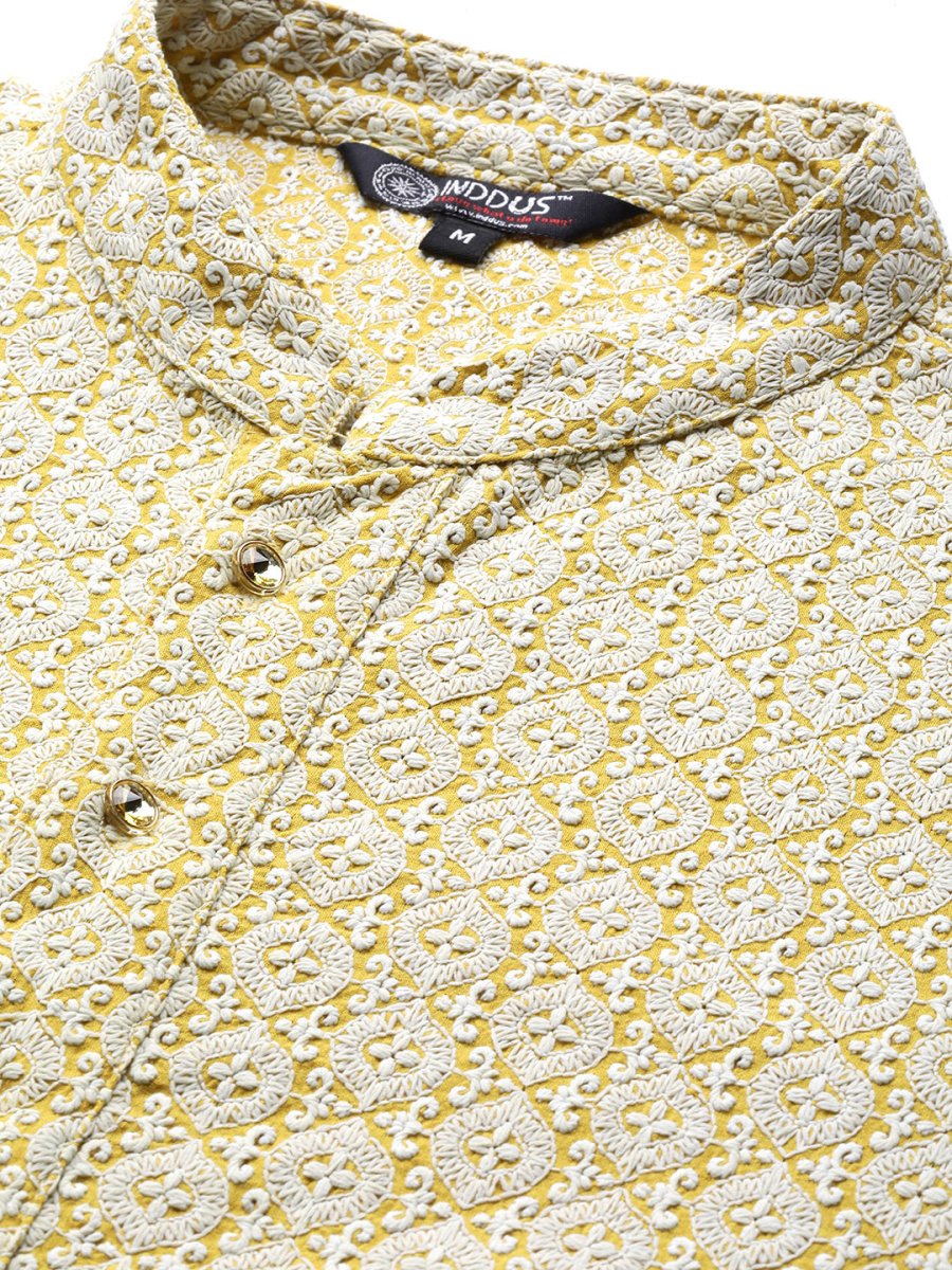 Men Mustard Yellow Ethnic Motifs Embroidered Chikankari Pure Cotton Kurta with Trousers - Inddus.com