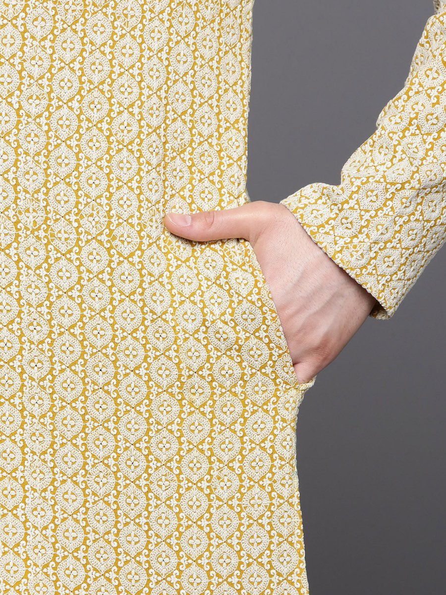 Men Mustard Yellow Ethnic Motifs Embroidered Chikankari Pure Cotton Kurta with Trousers - Inddus.com