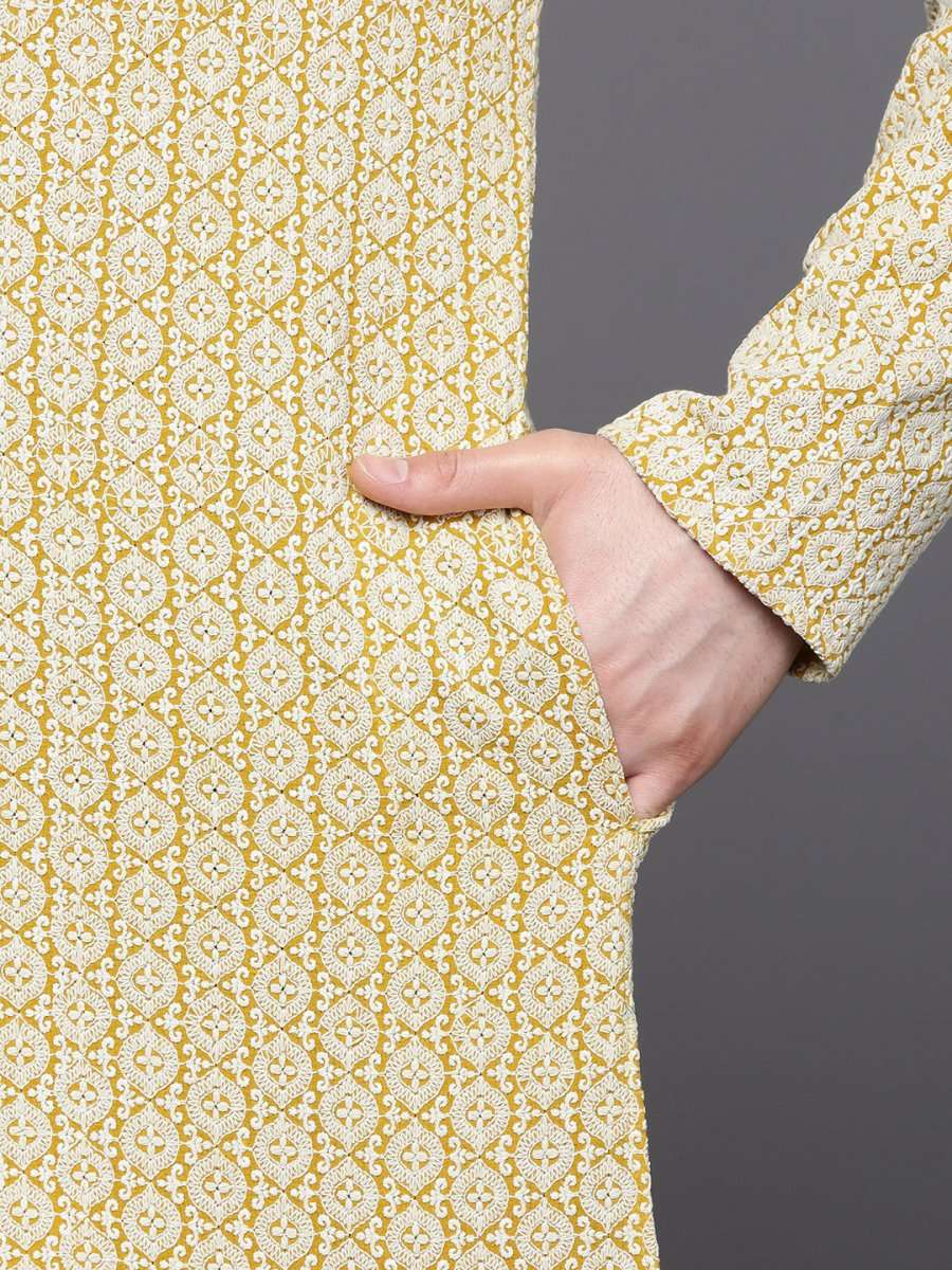 Men Mustard Yellow Ethnic Motifs Embroidered Chikankari Pure Cotton Kurta with Trousers - Inddus.com