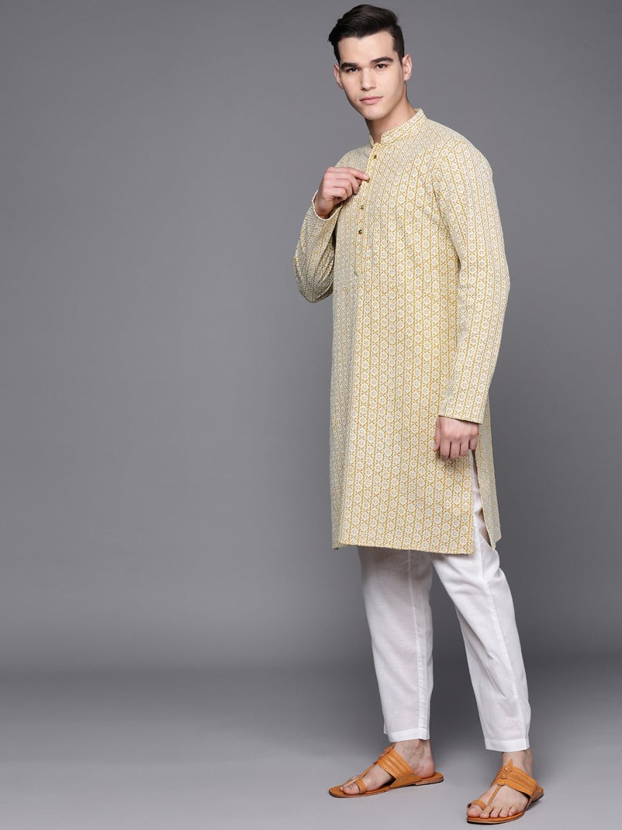 Men Mustard Yellow Ethnic Motifs Embroidered Chikankari Pure Cotton Kurta with Trousers - Inddus.com