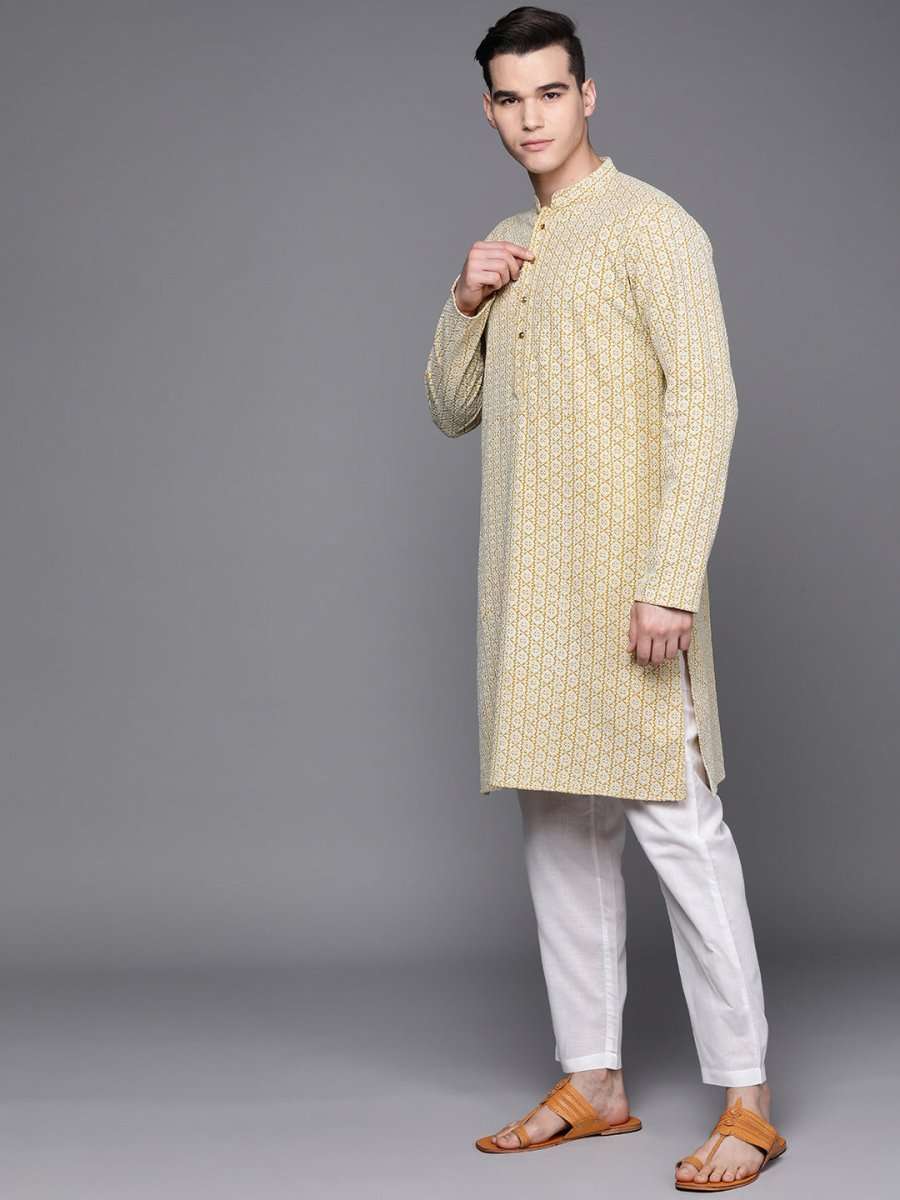 Men Mustard Yellow Ethnic Motifs Embroidered Chikankari Pure Cotton Kurta with Trousers - Inddus.com