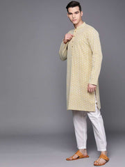 Men Mustard Yellow Ethnic Motifs Embroidered Chikankari Pure Cotton Kurta with Trousers - Inddus.com