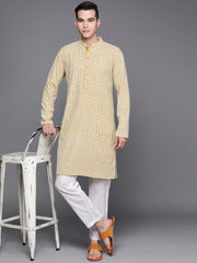 Men Mustard Yellow Ethnic Motifs Embroidered Chikankari Pure Cotton Kurta with Trousers - Inddus.com