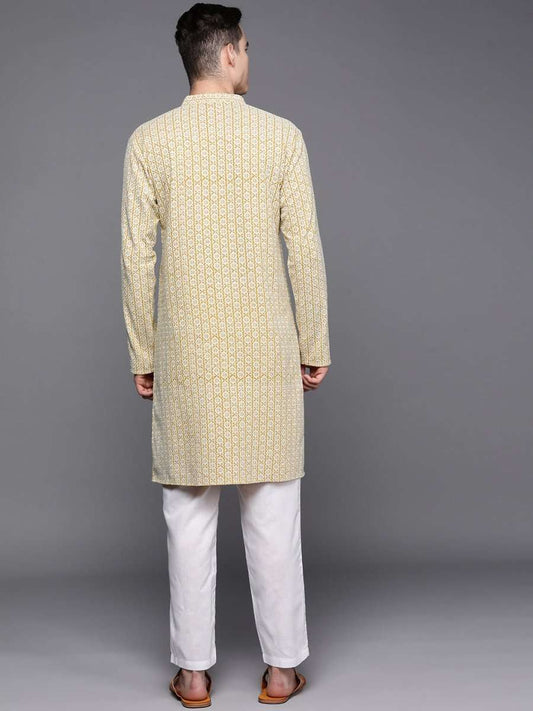 Men Mustard Yellow Ethnic Motifs Embroidered Chikankari Pure Cotton Kurta with Trousers - Inddus.com