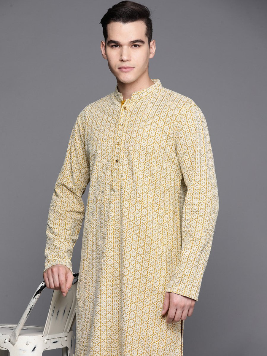 Men Mustard Yellow Ethnic Motifs Embroidered Chikankari Pure Cotton Kurta with Trousers - Inddus.com