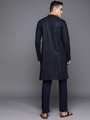 Men Navy Blue Ethnic Motifs Embroidered Chikankari Kurta with Trousers - Inddus.com