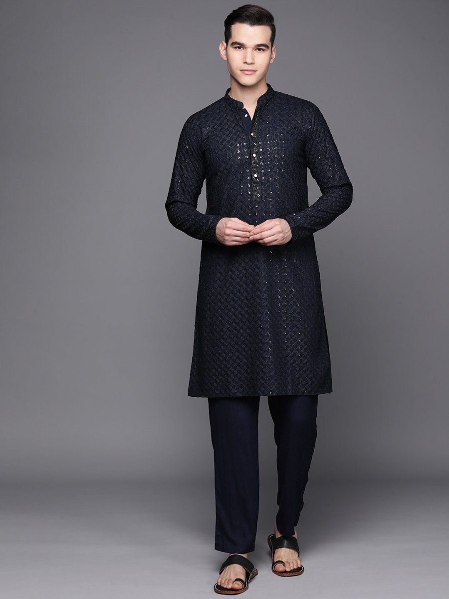 Men Navy Blue Ethnic Motifs Embroidered Chikankari Kurta with Trousers - Inddus.com