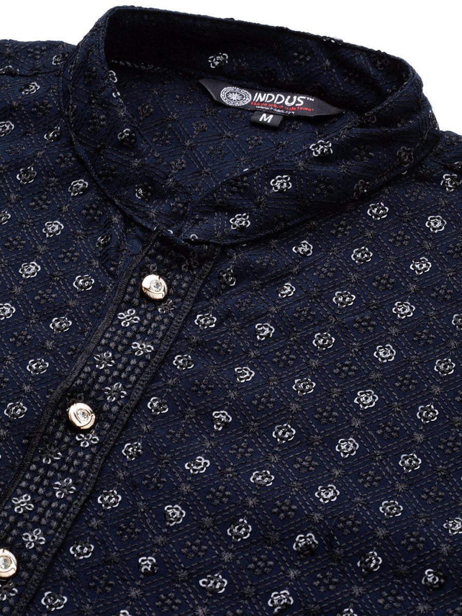 Men Navy Blue Ethnic Motifs Embroidered Chikankari Kurta with Trousers - Inddus.com