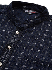 Men Navy Blue Ethnic Motifs Embroidered Chikankari Kurta with Trousers - Inddus.com