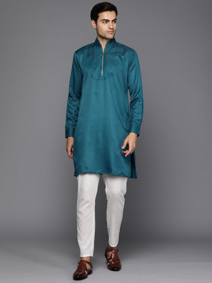 Men Woven Design Jacquard Solid Straight Long Kurta - Inddus.com