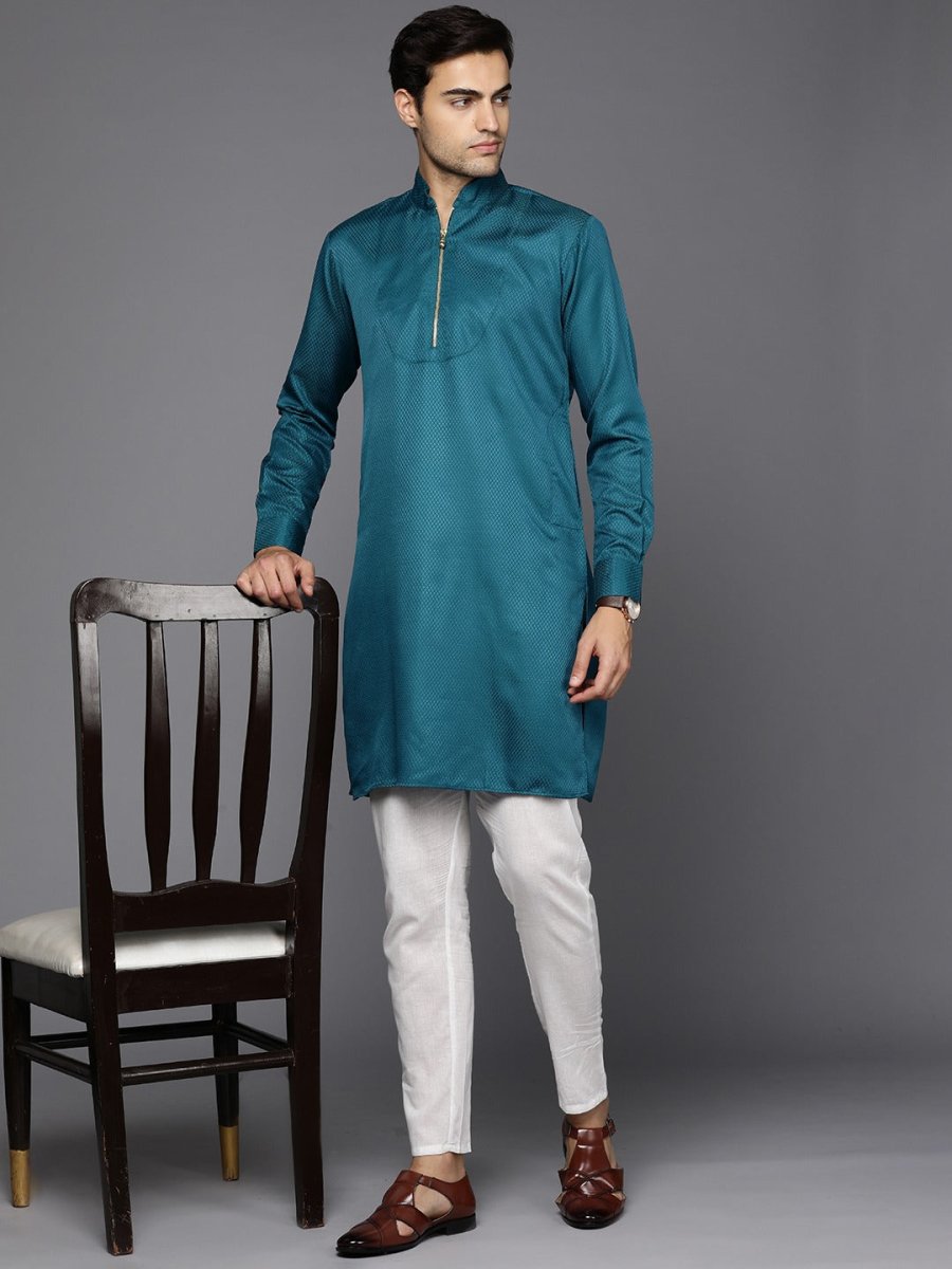 Men Woven Design Jacquard Solid Straight Long Kurta - Inddus.com