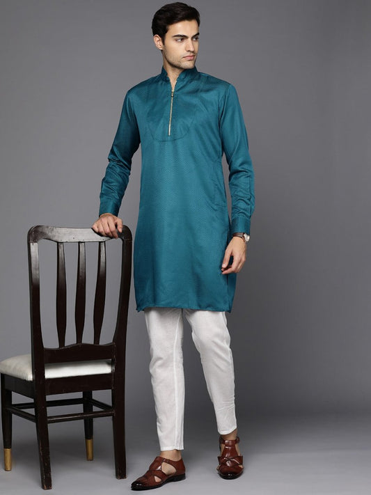 Men Woven Design Jacquard Solid Straight Long Kurta - Inddus.com