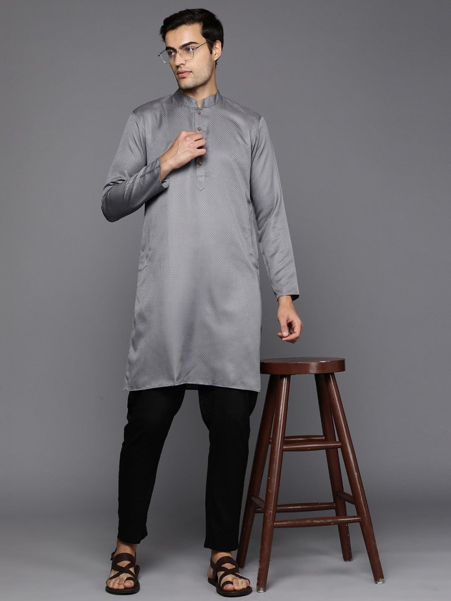 Men Woven Design Jacquard Solid Straight Long Kurta - Inddus.com