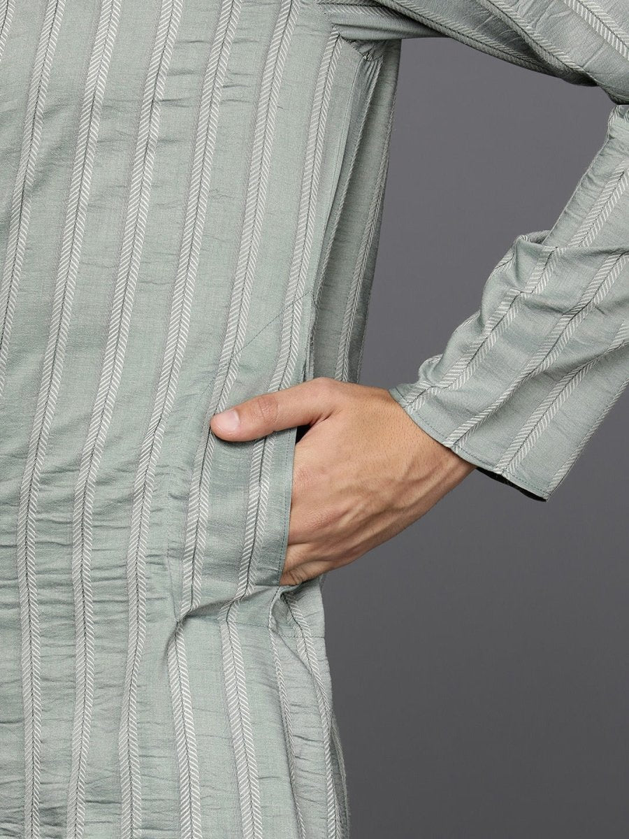 Men Woven Design Jacquard Striped Straight Long Kurta - Inddus.com