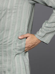 Men Woven Design Jacquard Striped Straight Long Kurta - Inddus.com