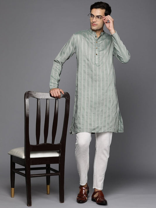 Men Woven Design Jacquard Striped Straight Long Kurta - Inddus.com