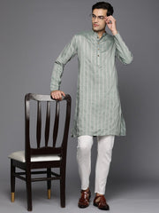 Men Woven Design Jacquard Striped Straight Long Kurta - Inddus.com