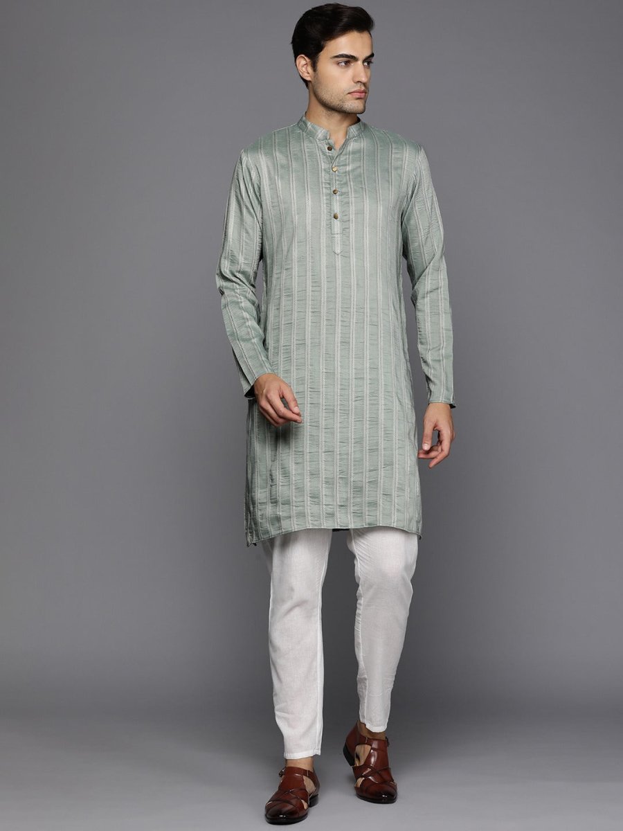 Men Woven Design Jacquard Striped Straight Long Kurta - Inddus.com