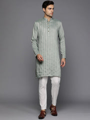 Men Woven Design Jacquard Striped Straight Long Kurta - Inddus.com